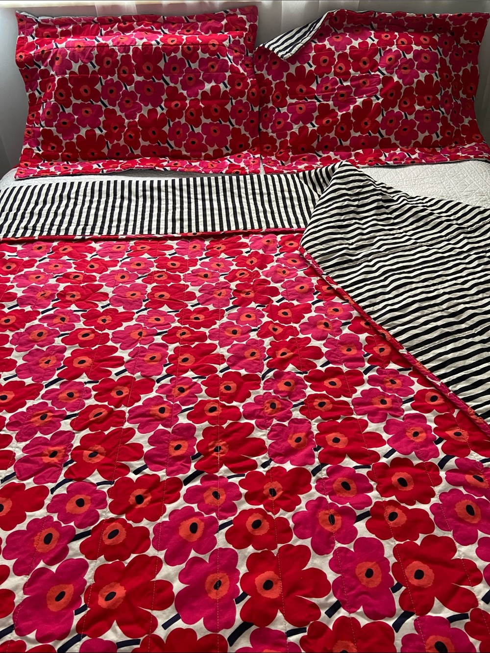 Marimekko Mini Unikko Floral Set Comforter And 2 Shams Red Pink Queen - Picture 13 of 14